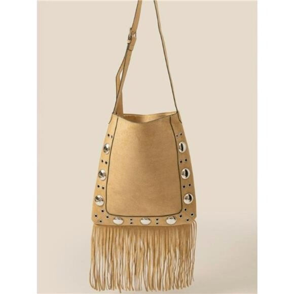 Fame Faux Suede Grommet Accent Fringe Tote Bag - Picture 1 of 2